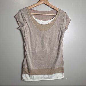 Necessitees Women's Beige/Tan Layered Scoop Neck Cotton T-Shirt USA Made Size S